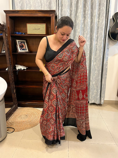 Ajrakh Modal Silk Saree -Red Badam Block