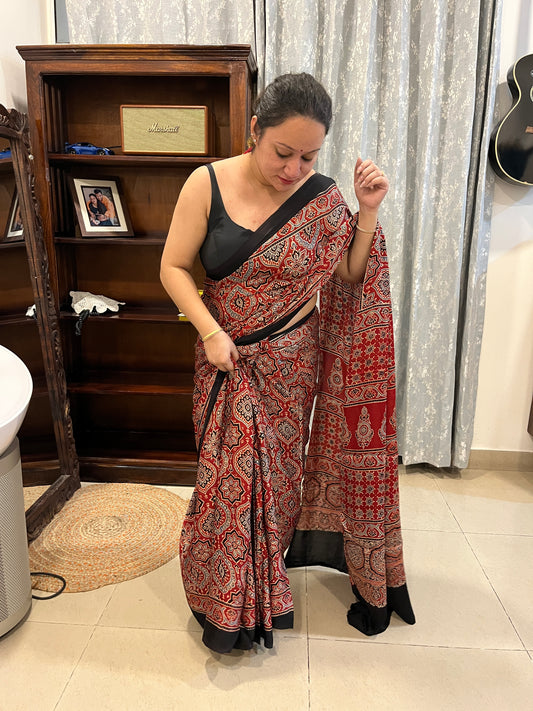 Ajrakh Modal Silk Saree -Red Badam Block