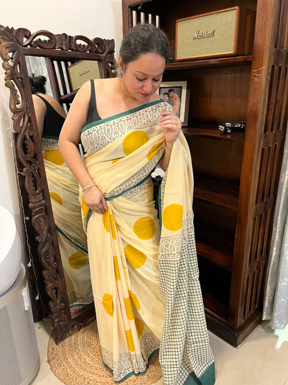 ‘Bindi Tales’ Handblock Mul Cotton Saree - Yellow on Off-white