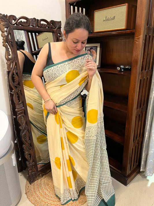 ‘Bindi Tales’ Handblock Mul Cotton Saree - Yellow on Off-white