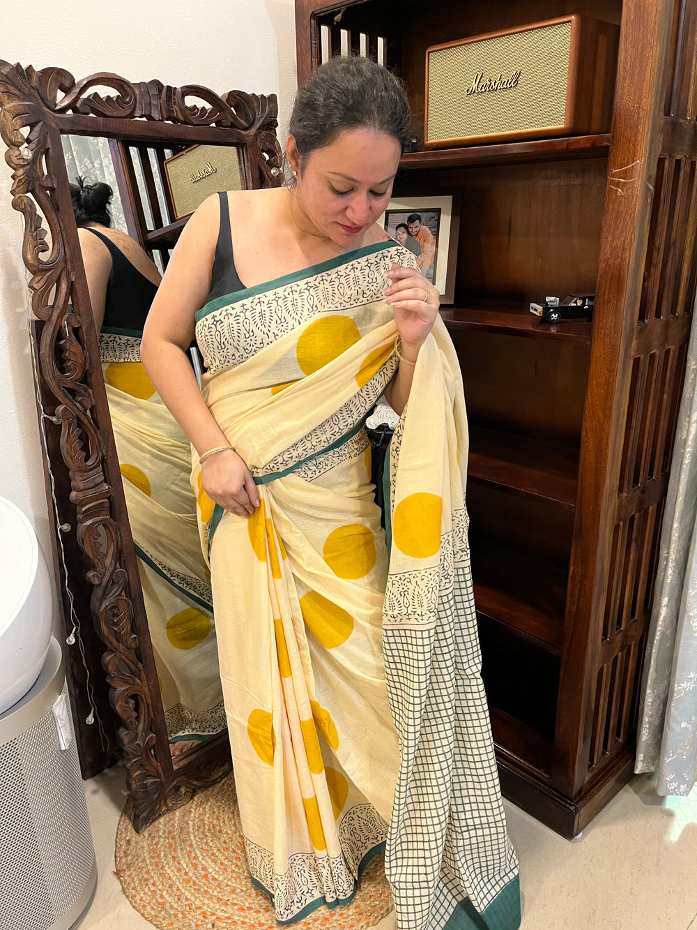 ‘Bindi Tales’ Handblock Mul Cotton Saree - Yellow on Off-white