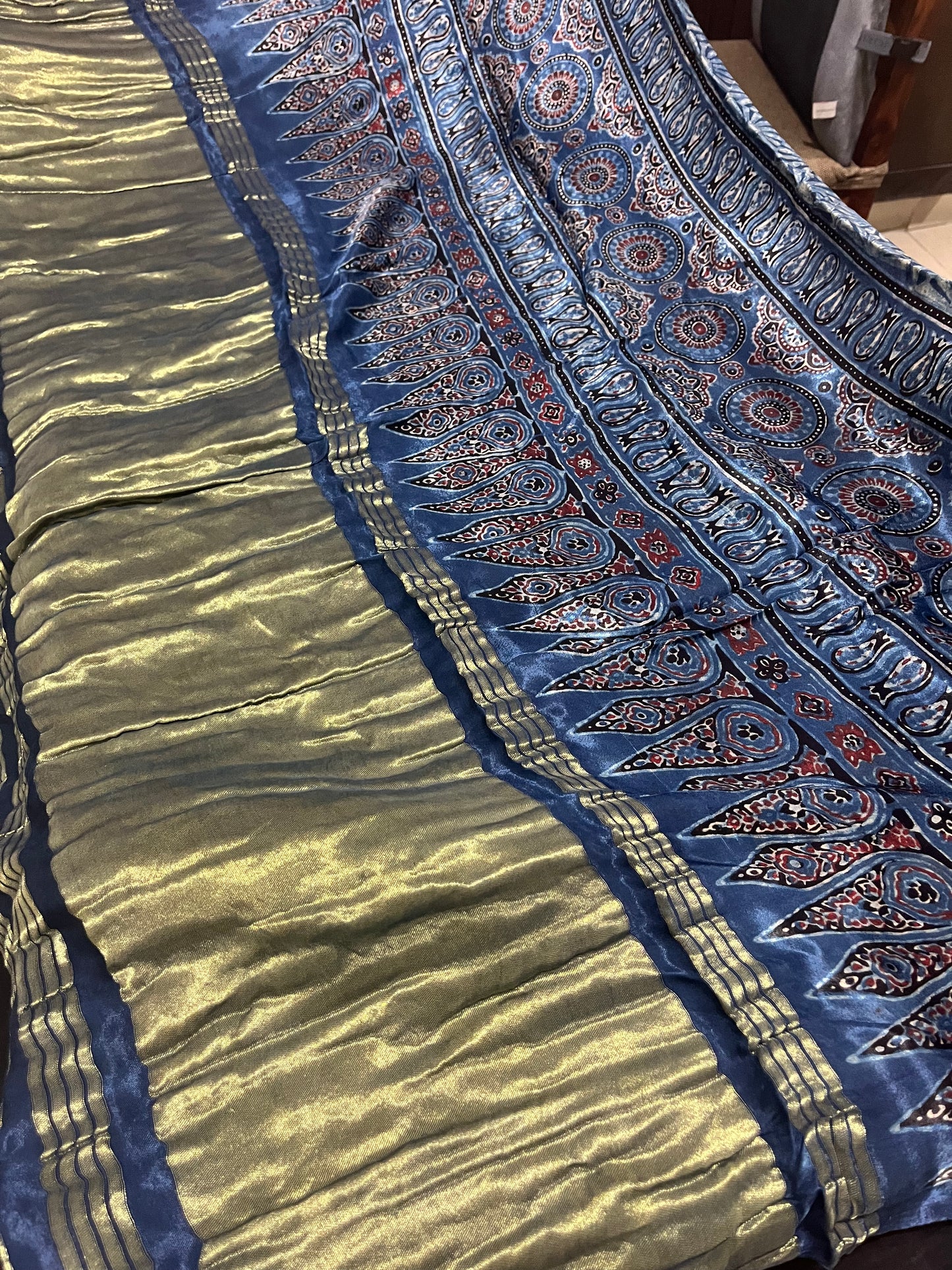 Contemporary Ajrakh Modal Silk Saree with Lagada Patti - Indigo