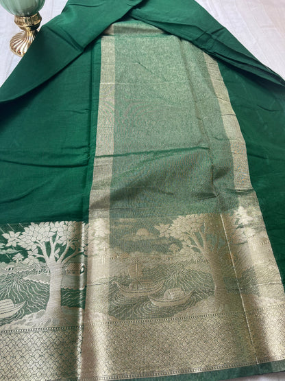 Banarasi Semi Georgette Ganga Ghat Saree - Bottle Green