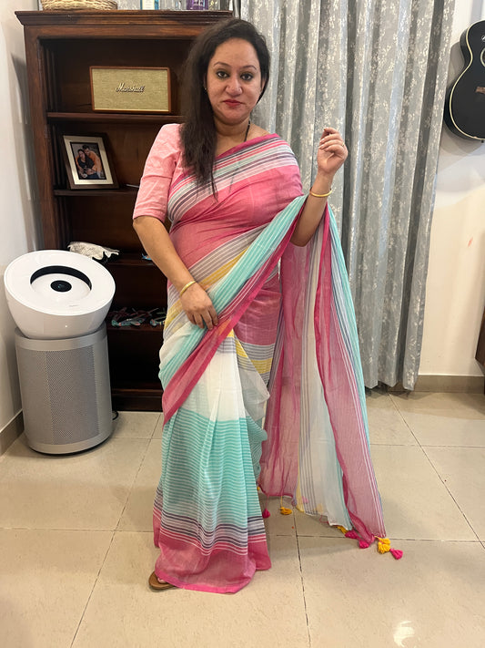 Multicolour Stripes Mul Cotton Saree (No Blouse piece)