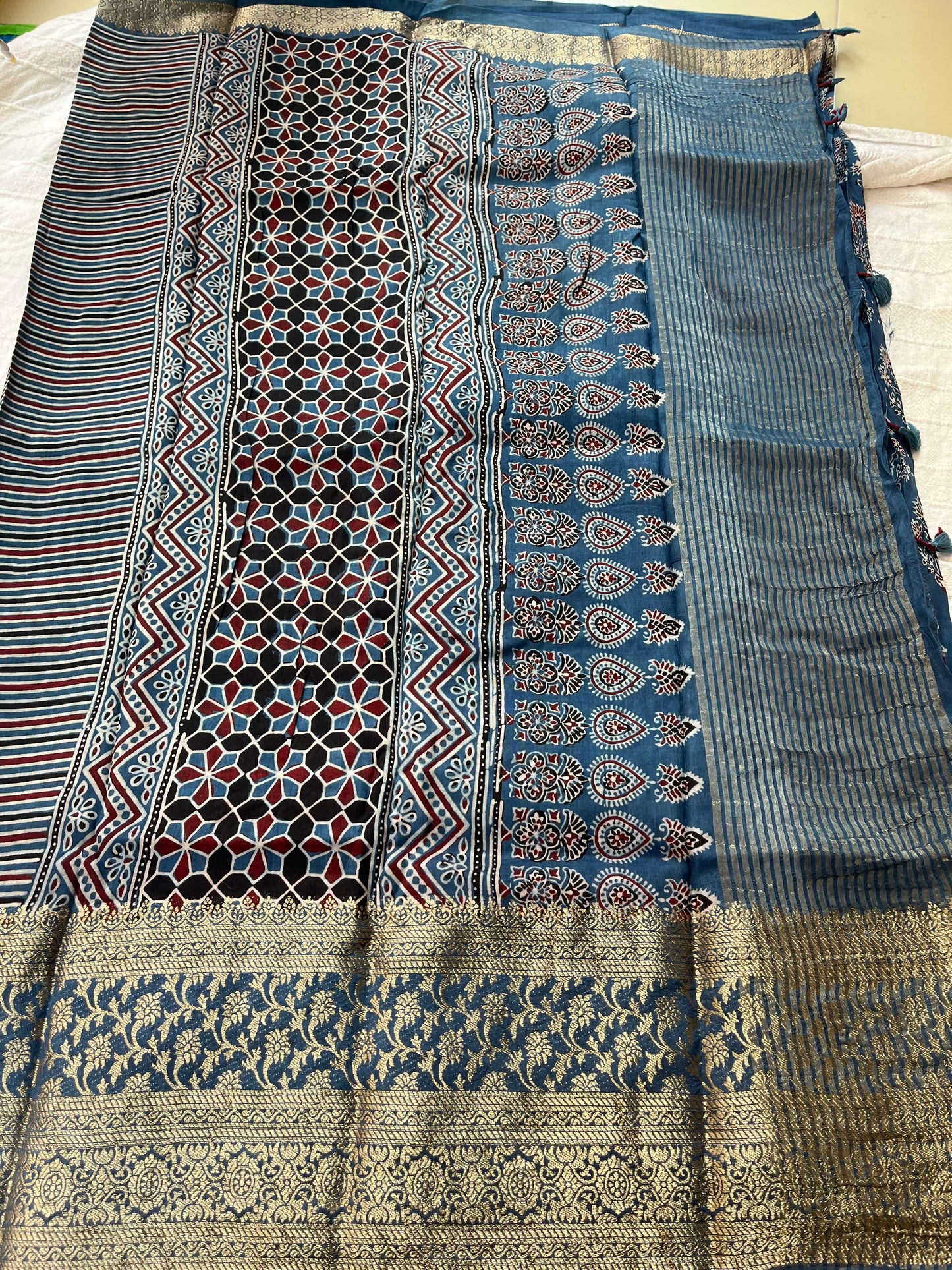 Indigo Ajrakh Dola Silk Saree - Floral Motifs (with tassels)