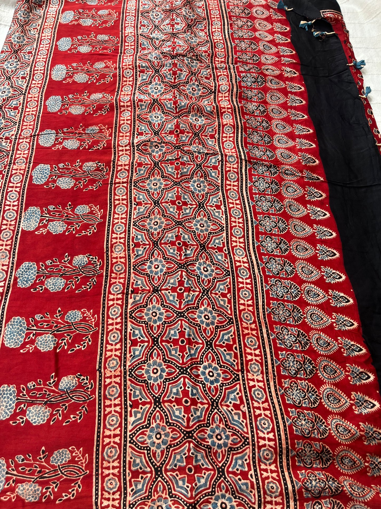 Ajrakh Modal Silk Saree - Red Lotus Print (with tassels)