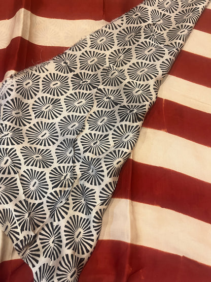 Contemporary Ajrakh Modal Silk Saree - Red Stripes