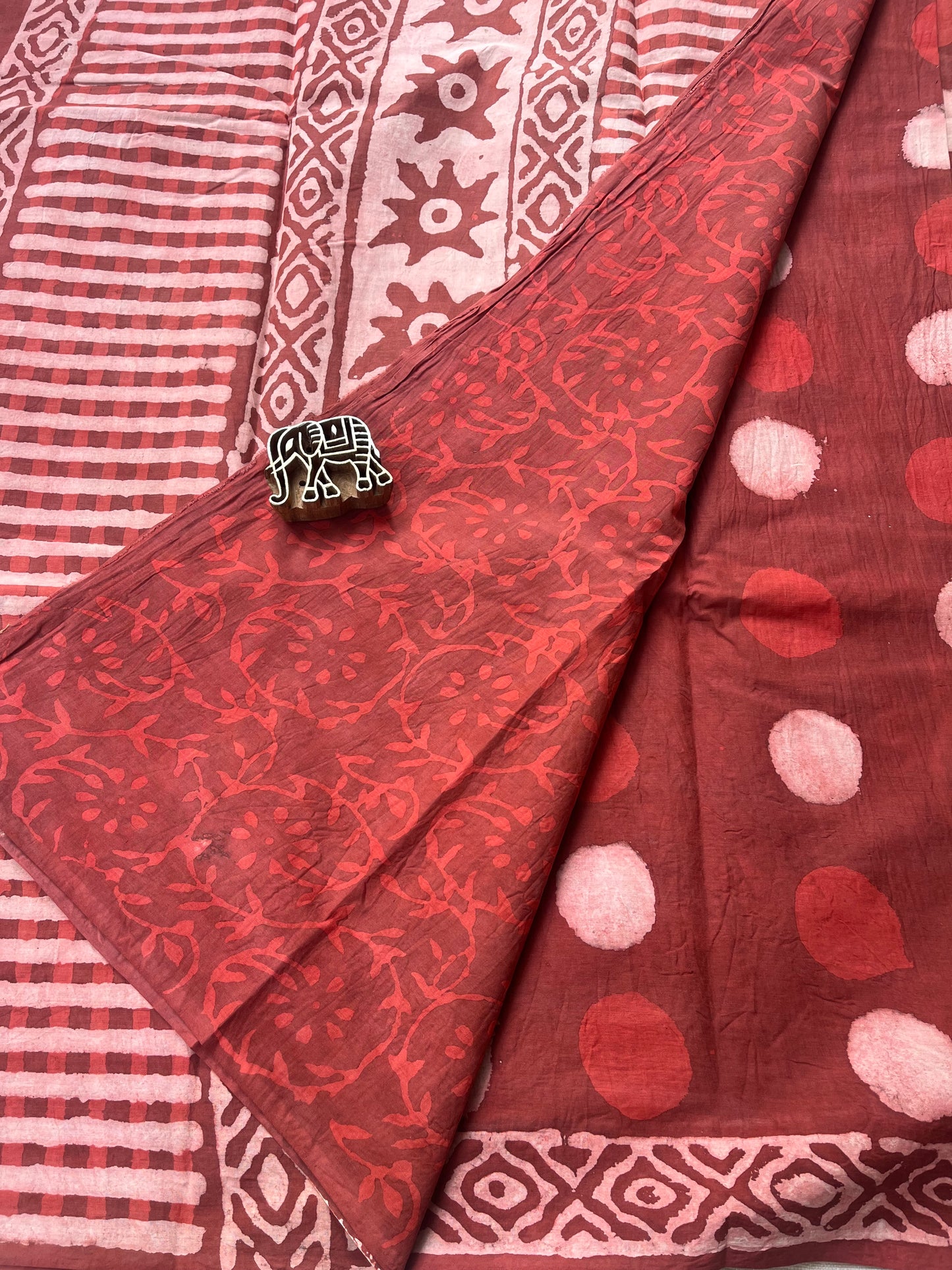 Handblock Mul Cotton Saree - Rustic Red