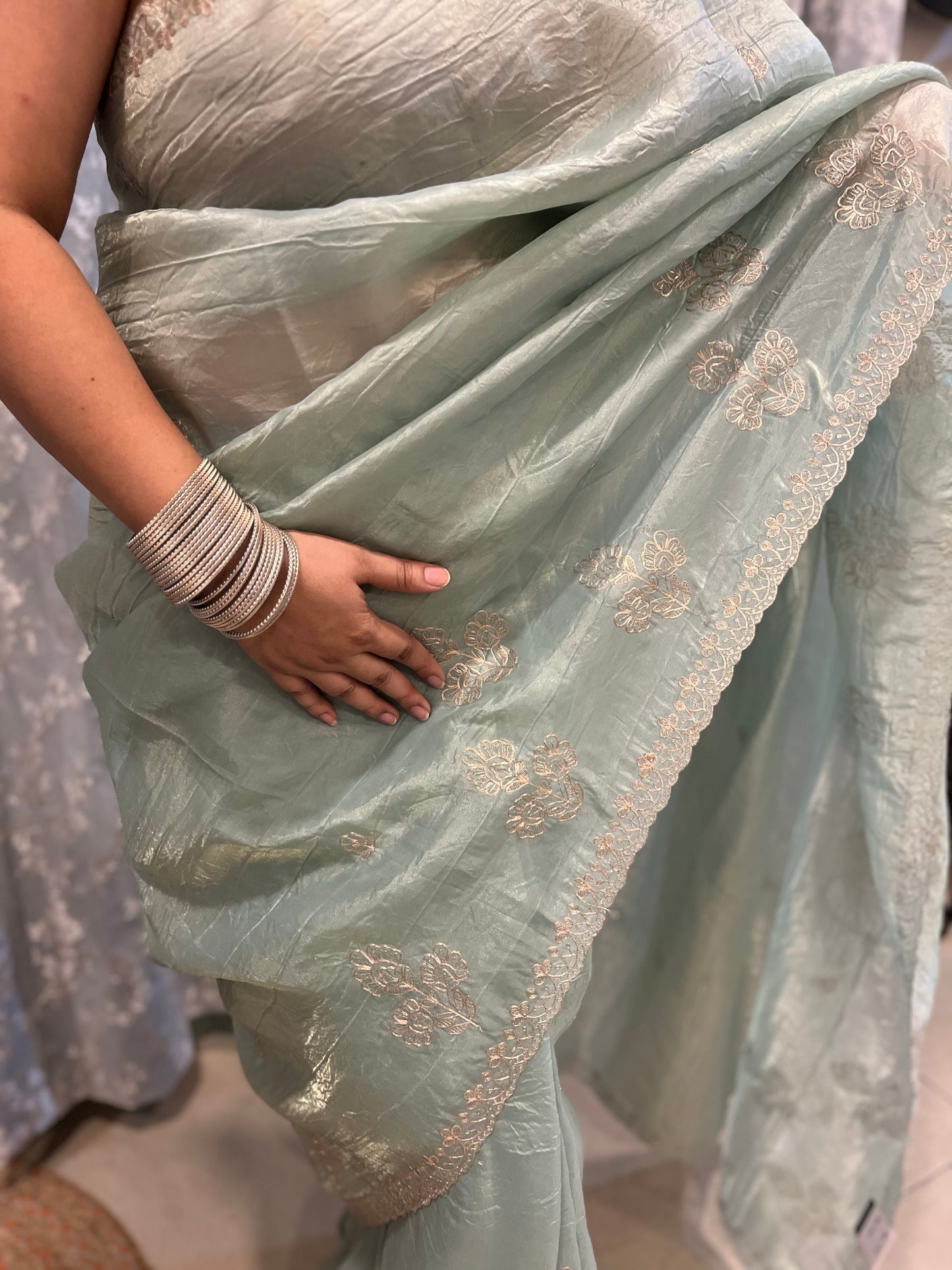 Pitta Work Crepe Tissue Saree - Sea Green