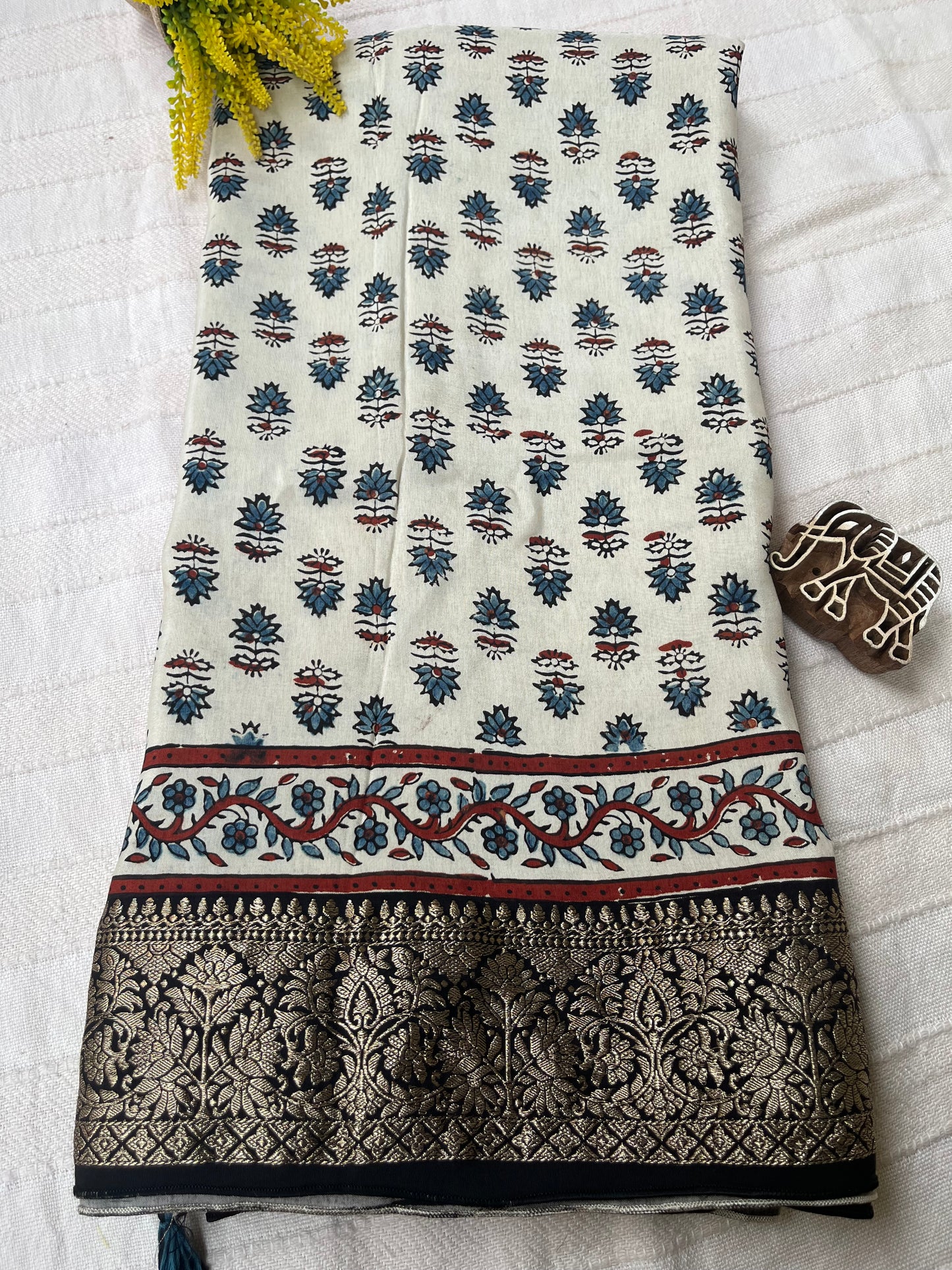 Ajrakh Dola Silk Saree - Pearl White Buttis (with tassels)