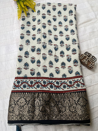 Ajrakh Dola Silk Saree - Pearl White Buttis (with tassels)