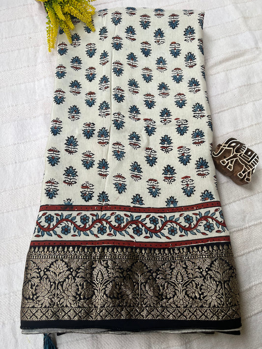 Ajrakh Dola Silk Saree - Pearl White Buttis (with tassels)