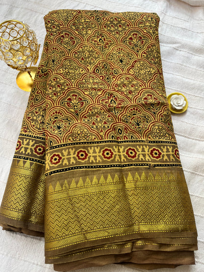 Ajrakh Dola Silk Saree - Mustard Gold (with tassels)