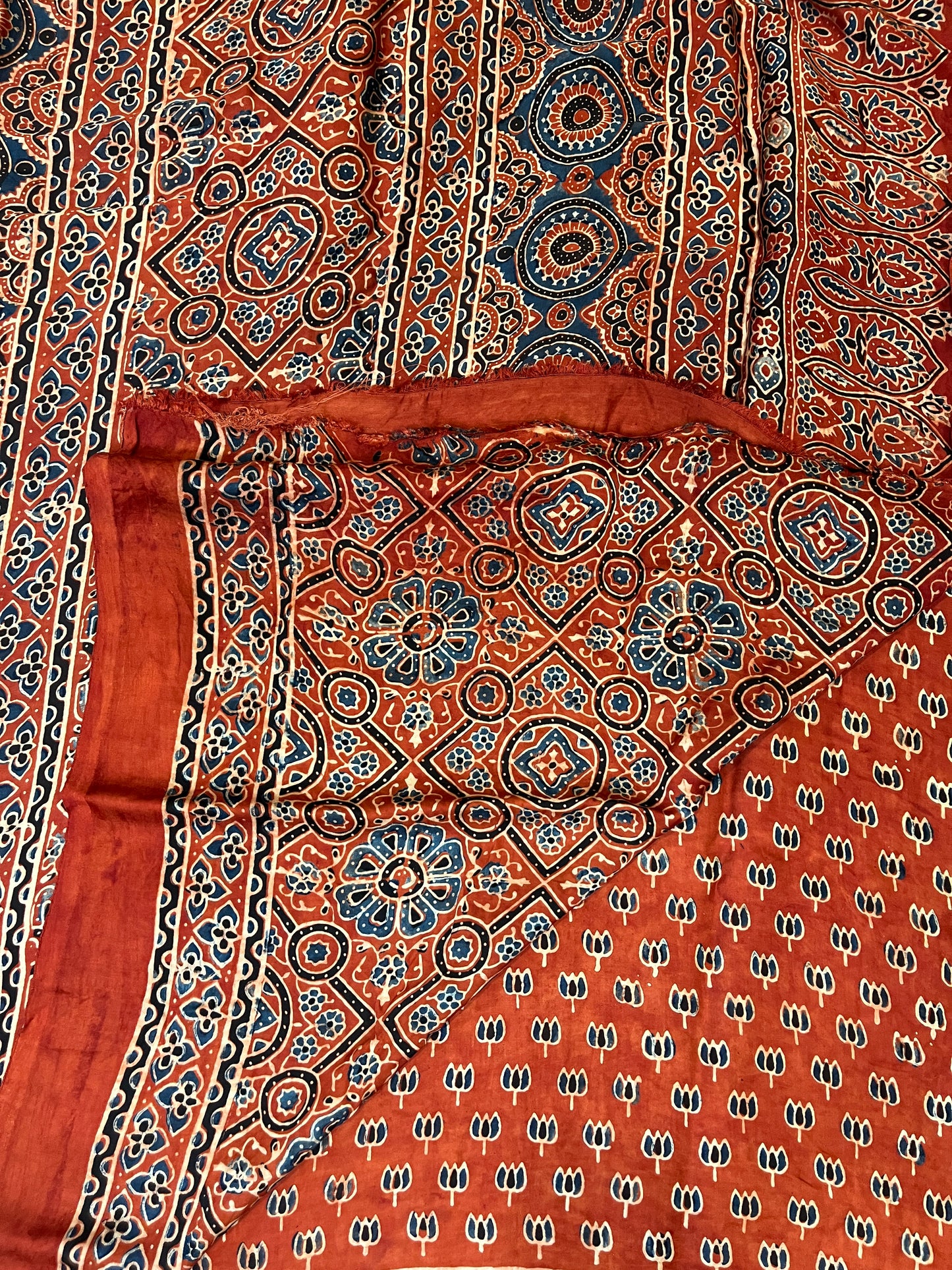 Ajrakh Modal Silk Saree - Rust Red Lotus Motifs