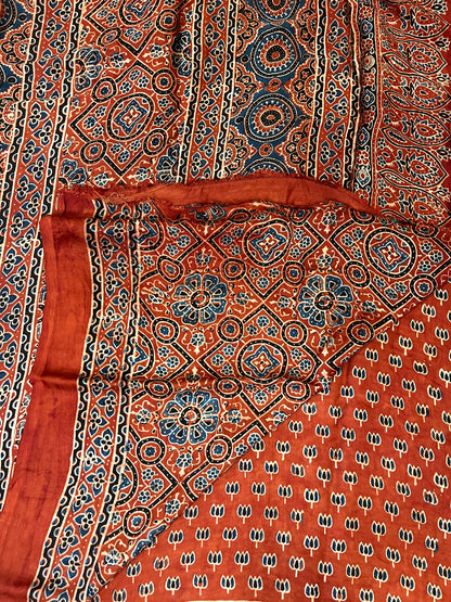 Ajrakh Modal Silk Saree - Rust Red Lotus Motifs