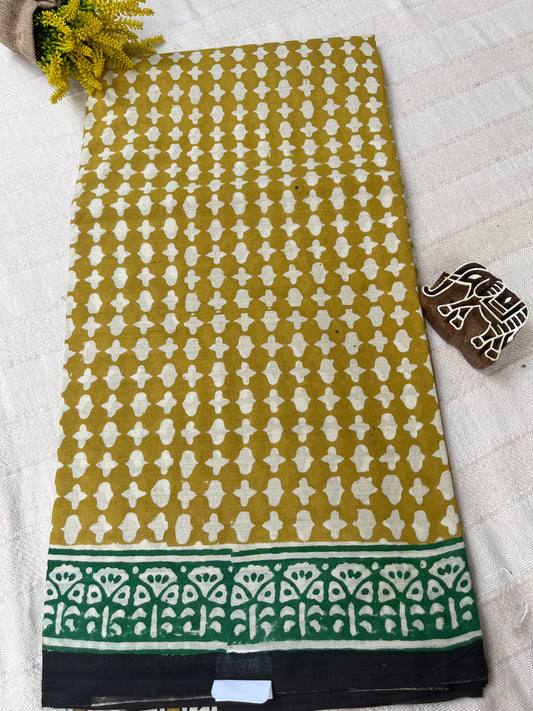 Bagru Handblock Mul Cotton Saree - Mustard-Green