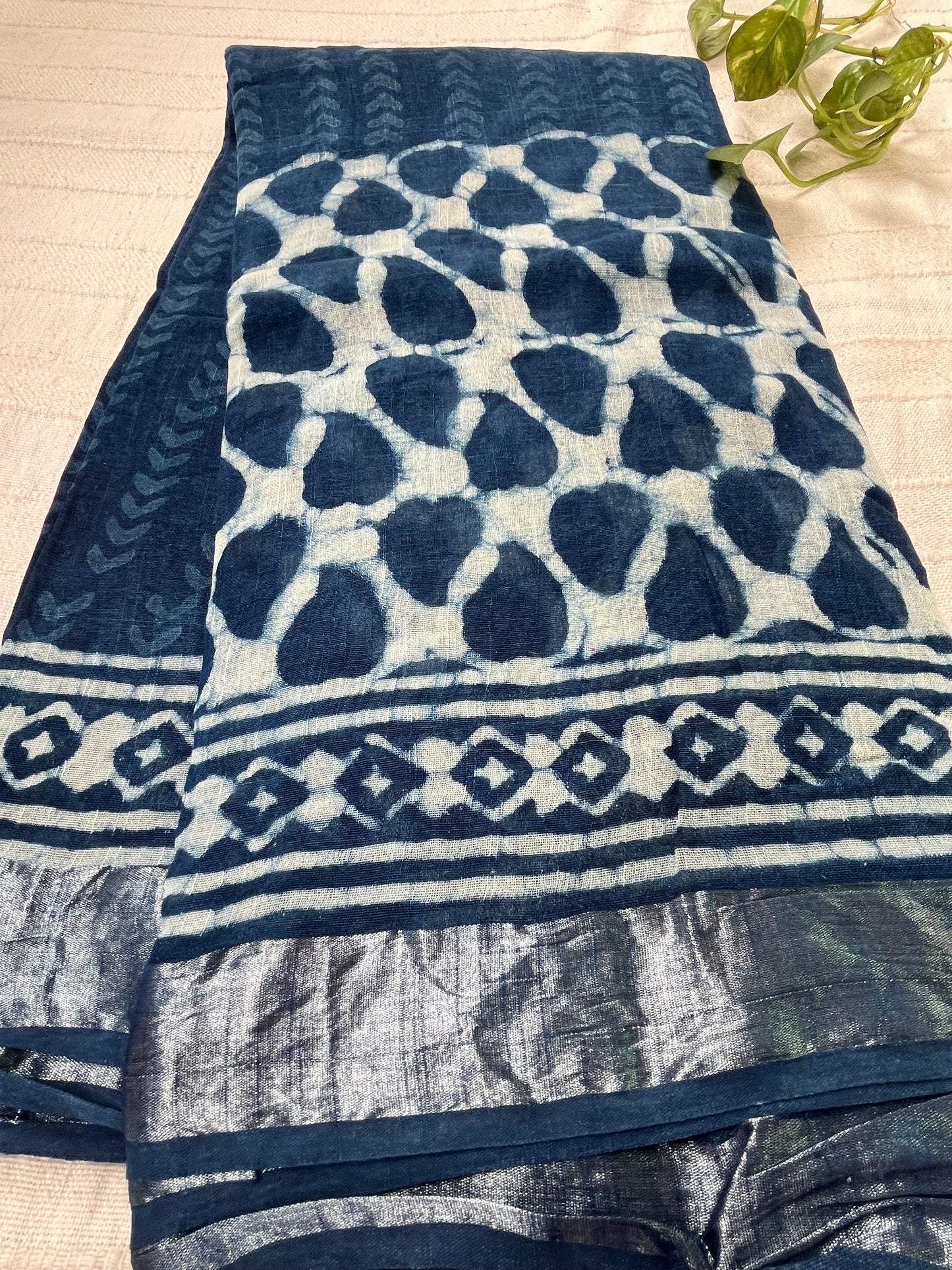 Indigo Handblock Linen Cotton Saree