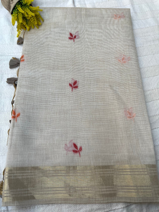 Chanderi Cotton Jamdani Saree - Ivory-Brown Bageecha