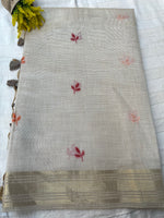 Chanderi Cotton Jamdani Saree - Ivory-Brown Bageecha