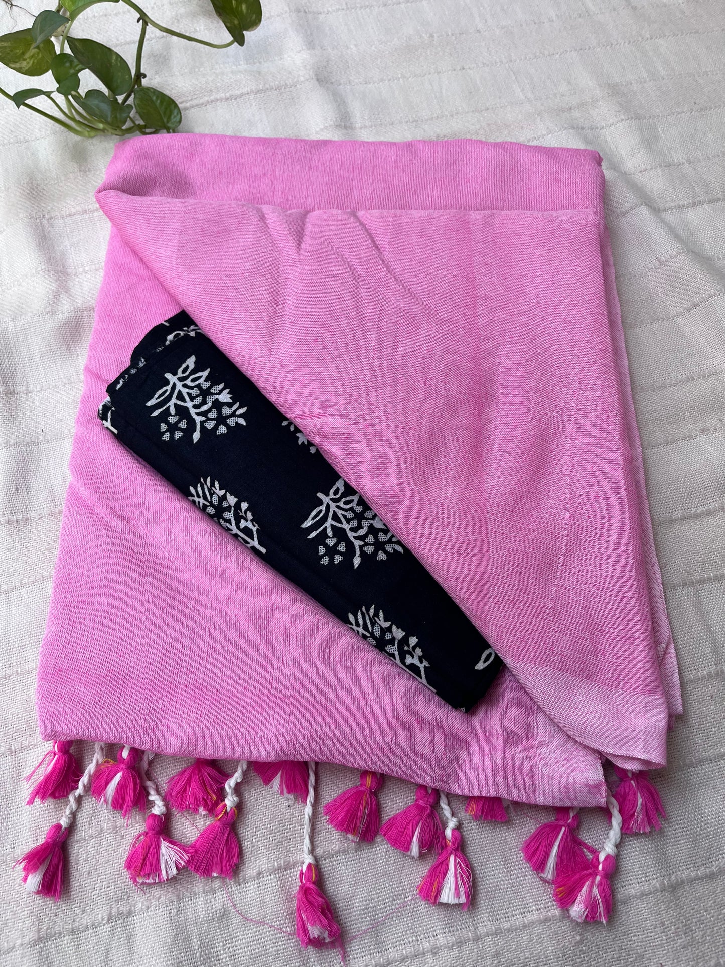 Baby Pink Handloom Khadi Cotton Saree with Kalamkari Blouse Piece