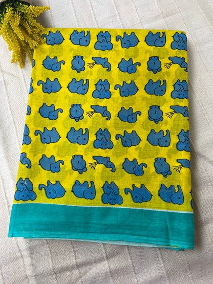 Yellow Blue Elephant Quirky Mul Cotton Saree