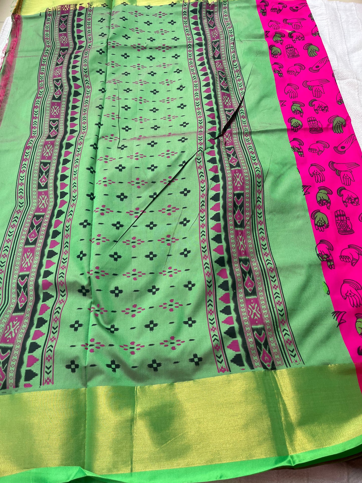 Kamalkari Printed Nelluri Silk Saree - Neon Pink