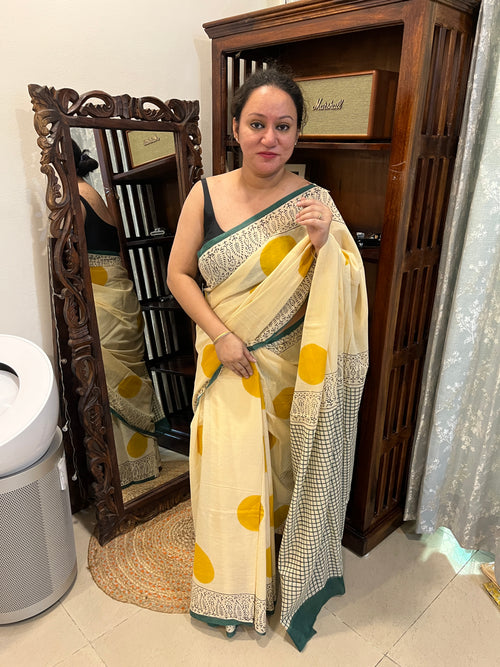 ‘Bindi Tales’ Handblock Mul Cotton Saree - Yellow on Off-white