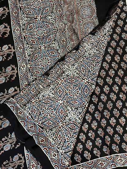 Ajrakh Modal Silk Saree - Black Flower Buttis