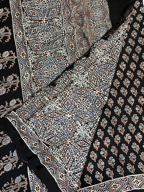 Ajrakh Modal Silk Saree - Black Flower Buttis