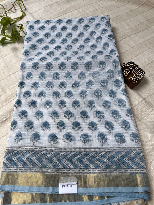 Handblock Kota Doria Saree - White Sanagneri Print