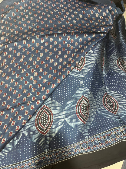 Ajrakh Modal Silk Saree - Indigo