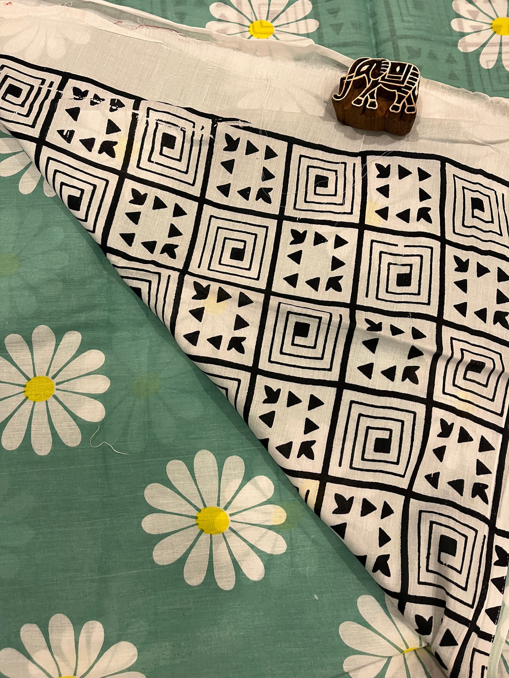 Sea Green Flower Print Running Mul Cotton Saree