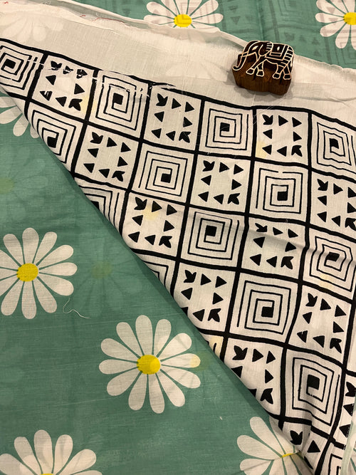 Sea Green Flower Print Running Mul Cotton Saree