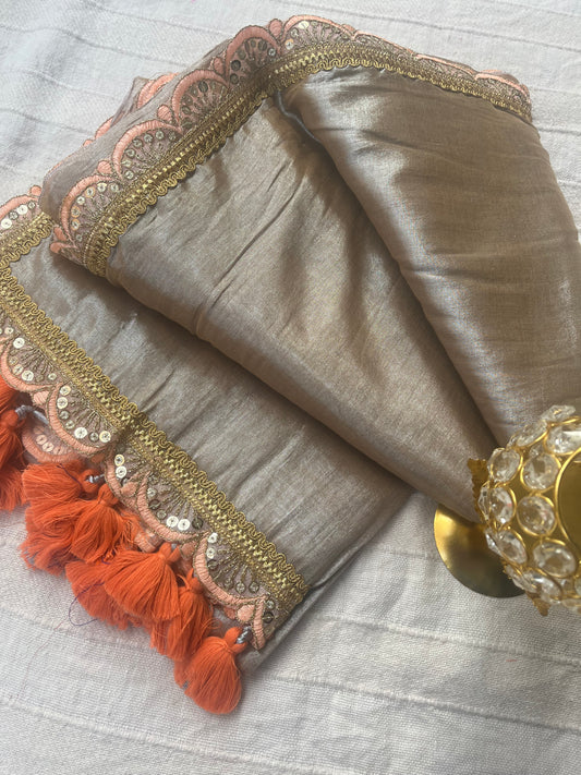 Raga Tissue Saree with Lace and Tassels - Gold & Peach