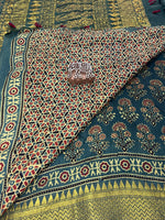 Ajrakh Dola Silk Saree - Green (with tassels)