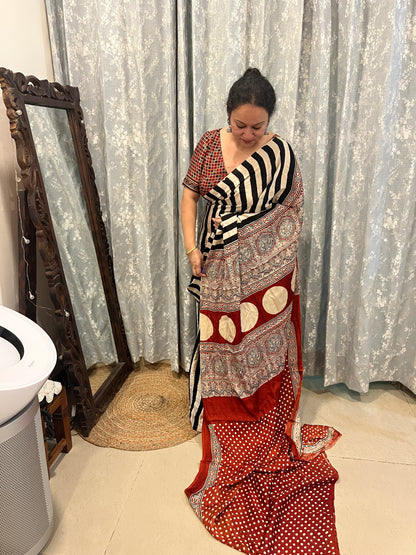 Contemporary Ajrakh Modal Silk Saree - Black Stripes with Red Palla