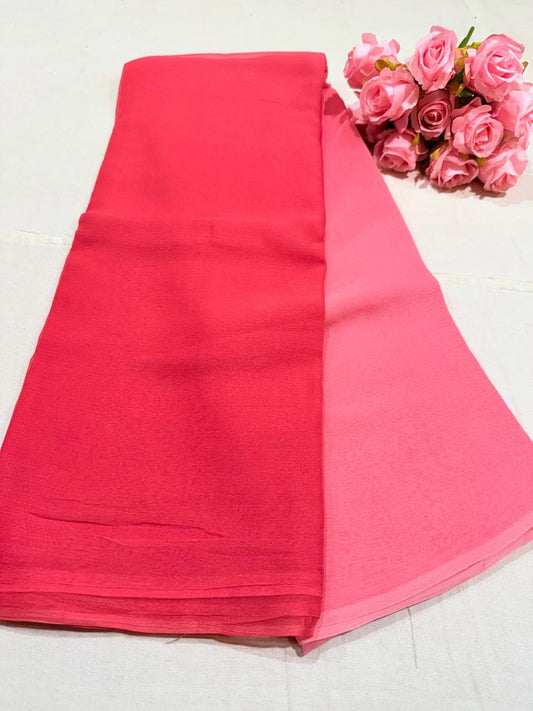 Pure Plain Ombre Chiffon Saree - Neon Pink