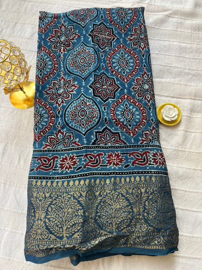 Indigo Ajrakh Dola Silk Saree - Badam Block (with tassels)