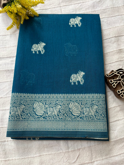 Mercerised Cotton Saree with Cow Weaving - Teal Blue