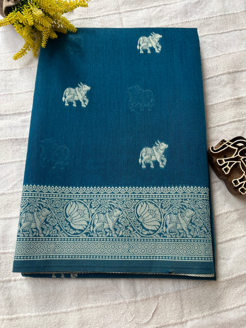Mercerised Cotton Saree with Cow Weaving - Teal Blue