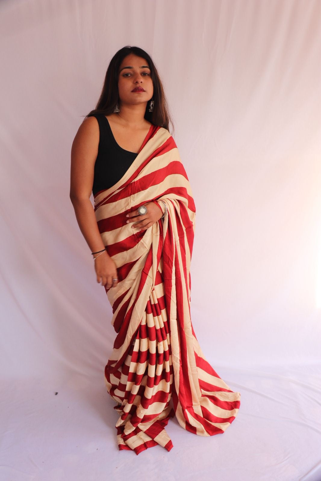 Contemporary Ajrakh Modal Silk Saree - Red Stripes