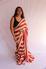 Contemporary Ajrakh Modal Silk Saree - Red Stripes