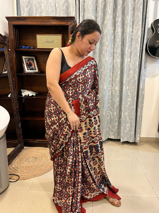 Ajrakh Modal Silk Saree - Beige Red