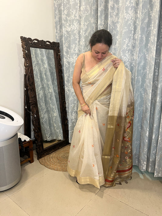 Chanderi Cotton Jamdani Saree - Ivory-Brown Bageecha