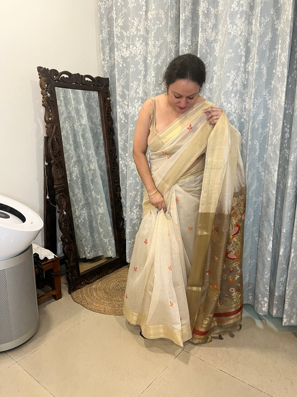 Chanderi Cotton Jamdani Saree - Ivory-Brown Bageecha