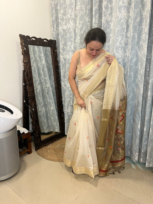 Chanderi Cotton Jamdani Saree - Ivory-Brown Bageecha