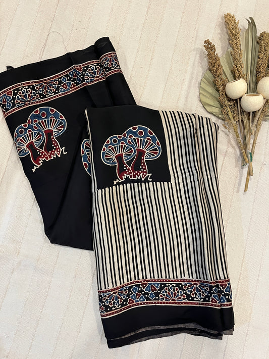 Contemporary Ajrakh Modal Silk Saree - Black Mushroom Block
