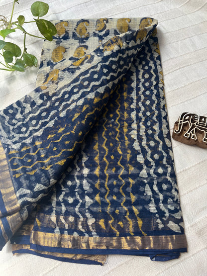 Bagru Handblock Kota Doria Saree - Blue-Yellow