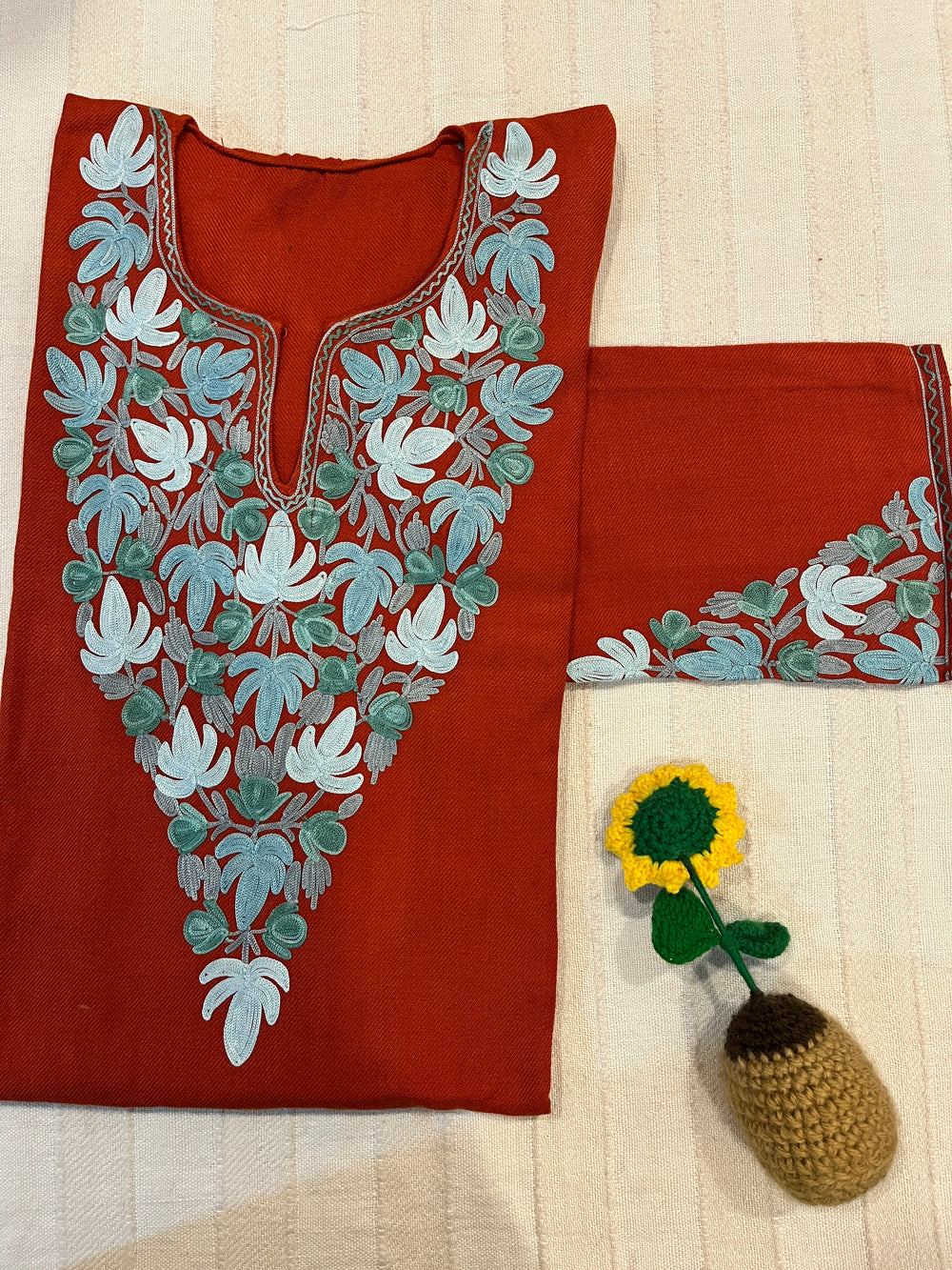 Kashmiri Aari Work Pheran with Sleeves Work - Rust Orange