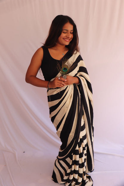 Contemporary Ajrakh Modal Silk Saree - Black Stripes